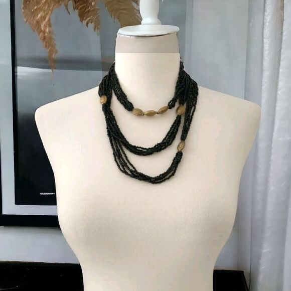 Multi Strand Beaded Necklace LONG 60" Black Seed Beads Brass Colored Stations - Picture 14 of 16